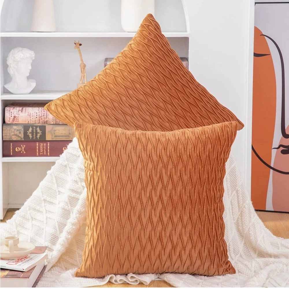 Luxury Home | BohoChic Burnt Orange Soft Velvet Wavy Textured Throw Pillow Cover